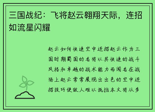 三国战纪：飞将赵云翱翔天际，连招如流星闪耀